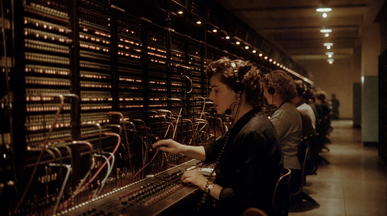 Vintage telephone exchange switchboard with hundreds of glowing cables