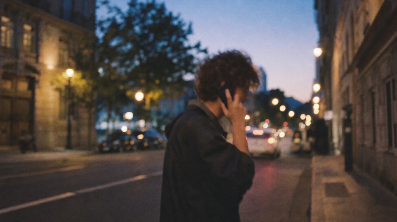 Person walking through a city street at dusk on a phone call