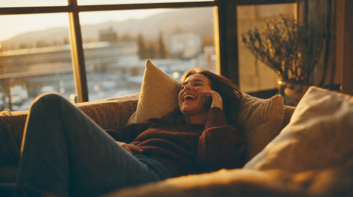 Person relaxing on a couch at golden hour, talking on the phone